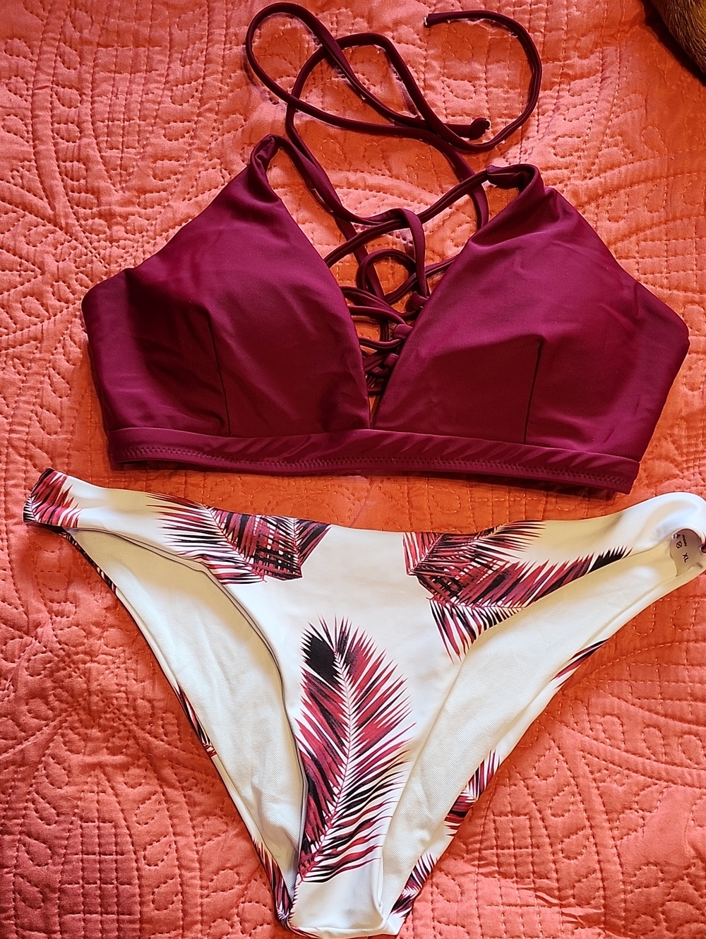Women's Plum Lace-Up Bikini Top with Palm-Print Bottom